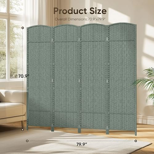 JOSTYLE Folding Privacy Room Divider, 4 Panel Screen Divider 6 ft. Tall Freestanding Extra Wide Rattan Room Partition Wall Separation Dividers, Grey