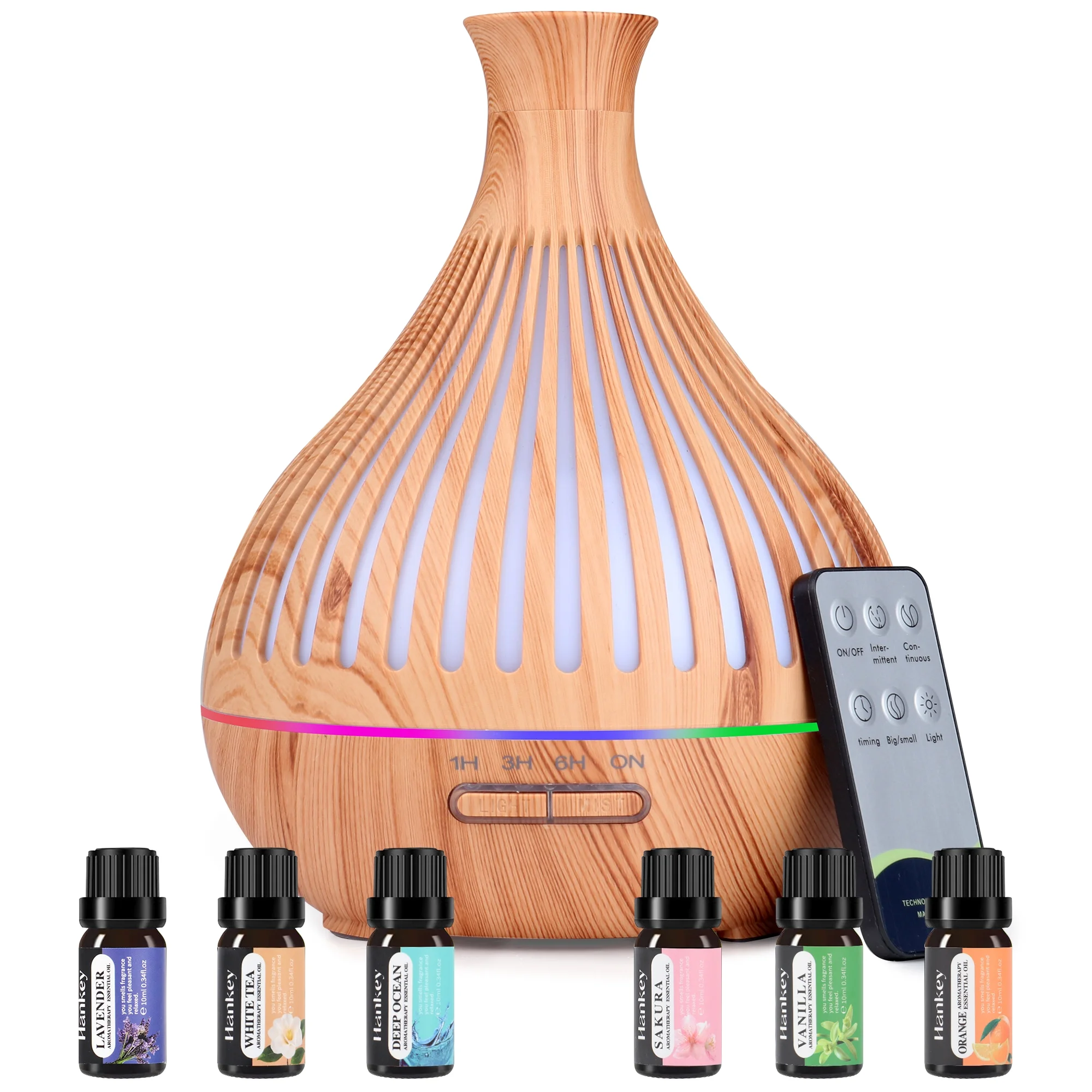 KAMIDA Essential Oil Diffuser 500ML, Ultrasonic Diffuser with Remote Control & Timer, Auto-Off Diffuser with 7 Colors Lights, Diffuser for Bedroom, Home Office Room, Brown