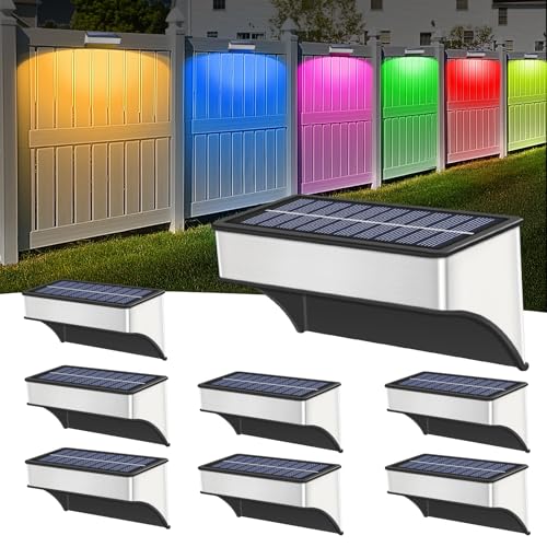Solar Fence Lights Outdoor 8 Pack Waterproof, Super Bright 60 Lumen Aluminum Alloy Wall Lights, Upgrade 5 Modes 10 Color Warm&Cool White RGB Solar Deck Lights for Back Yard, Garden, Patio, Pool Decor