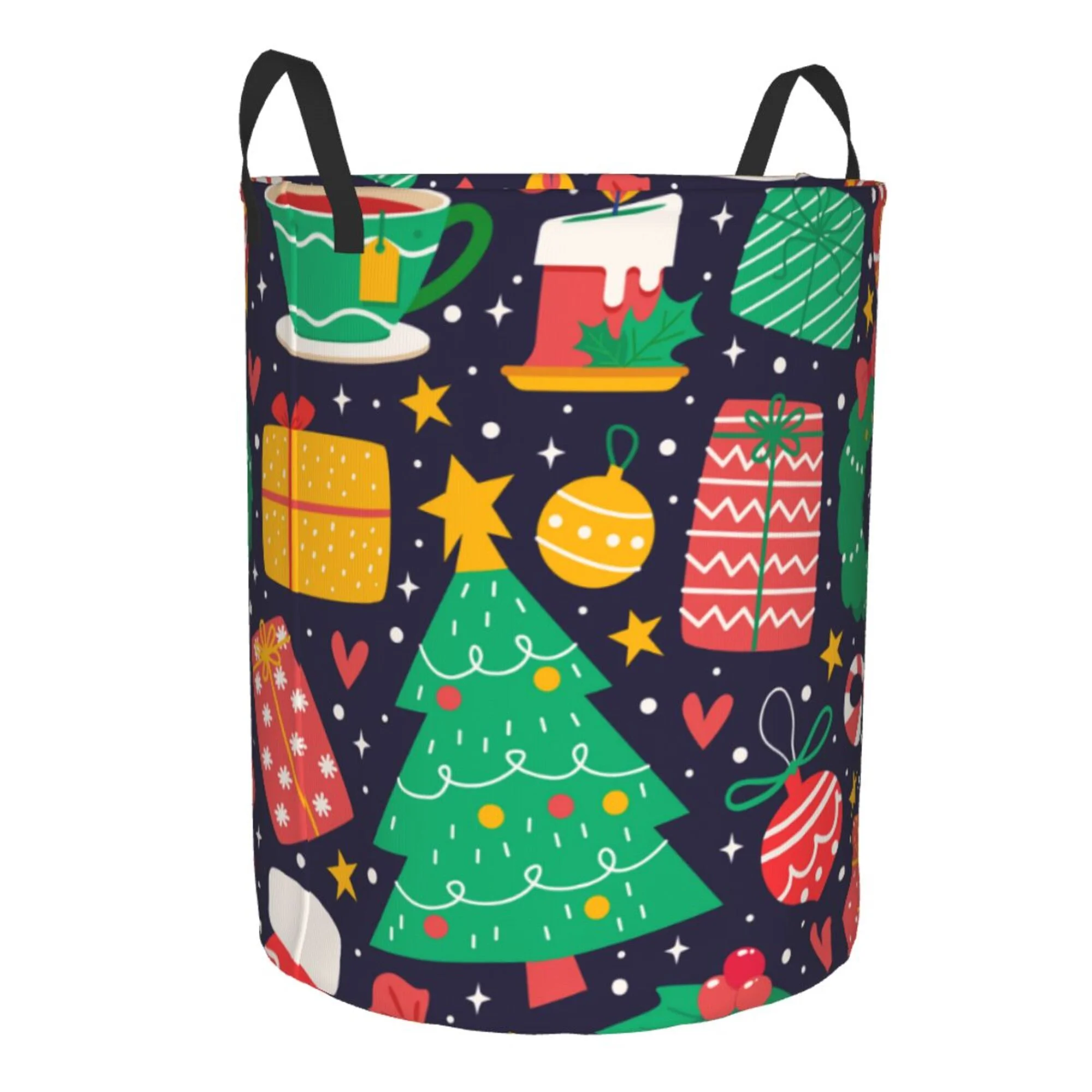 TEQUAN Waterproof Laundry Hampers, Cute Christmas Season Pattern Clothes Storage Basket with Handle (S)