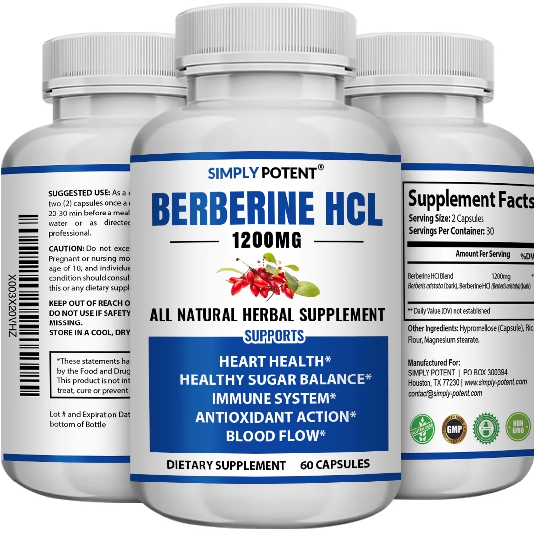 Berberine HCL 1200 mg, Berberine Top Choice Supplement for Heart Health, Immune System, Blood Flow & Sugar Balance, Stronger Than Berberine 500mg, 60 Capsules
