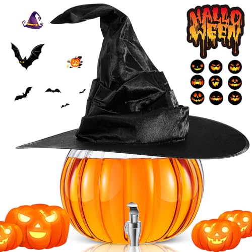 12 Pcs Halloween Pumpkin Dispenser Kit for Trick or Treat, Include 2 Gallon Glass Pumpkin Bowl Beverage Drink Dispenser with Spigot, Halloween Witch Hat and 10pcs Spooky Stickers