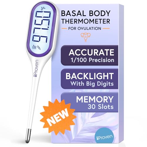 iProven Basal Body Thermometer with Backlight & Big Digits, 1/100 Degree High Precision, BBT for Ovulation Tracking, 30 Memory Recall, Accurate Fertility Temperature Tracker