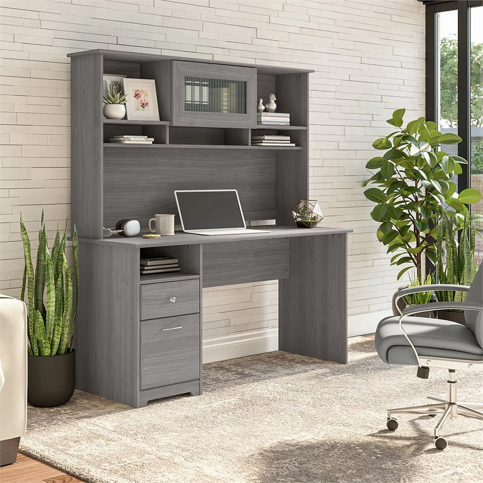 UrbanPro 60W Computer Desk with Hutch in Modern Gray - Engineered Wood