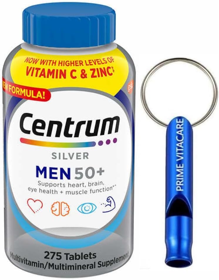 Centrum Silver Men Multivitamin for Mens 50 Plus, Multivitamin Supplement with Vitamin D3, B Vitamins, 275 Tablets + with Emergency Whistle Keychain for Ourdoor
