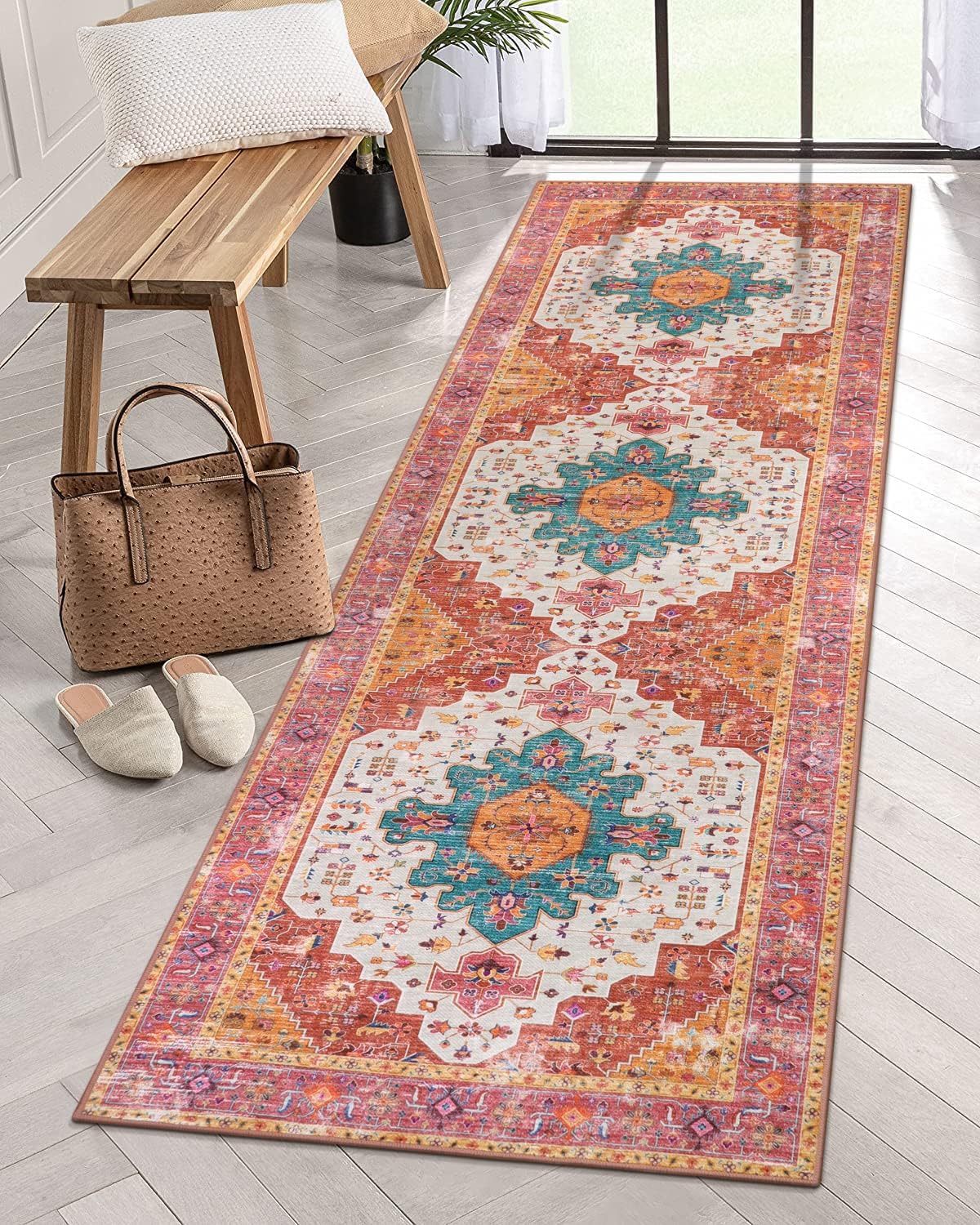 Moynesa Ultra-Thin Washable Runner Rug - 2x7 Pink Long Bathroom Rug Runner Kitchen Carpet Runner, Non Skid Non Shedding Low Pile Bedroom Mat for Laundry Living Room Hall Foyer