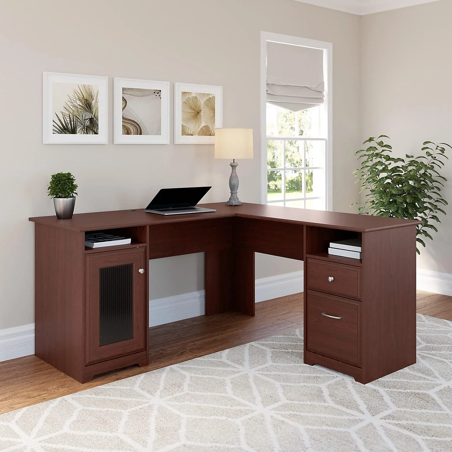 Cabot L Shaped Computer Desk In Harvest Cherry, Corner Table With Drawers For Home Office