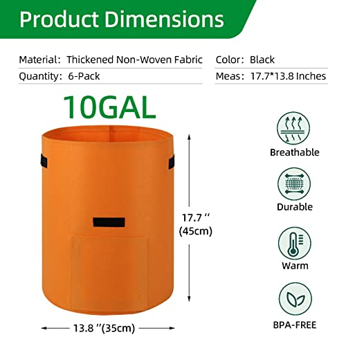 6-Pack 10 Gallon Grow Bags, Thickened Nonwoven Fabric Gallon Pots, Potato Growing Bags, Garden Fabric Grow Bags with Flap and Handles, Vegetable Grow Pots 6 Pack