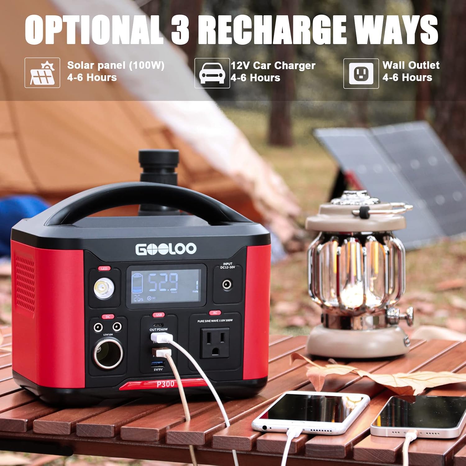 GOOLOO Portable Power Station P300, 281Wh Backup Lithium Battery SuperSafe, PD 60W Type-C Output Quick Charge, 110V/300W Pure Sine Wave AC Outlet Outdoor Solar Generator Power Supply for CPAP Emergency Outdoor Camping Fishing