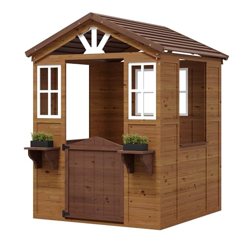 Cedar Wooden Kids Playhouse with Play Kitchen, Wooden Adventures Cottage for Backyard, Outdoor Toddler Playhouse for Kids with Vinyl Roof
