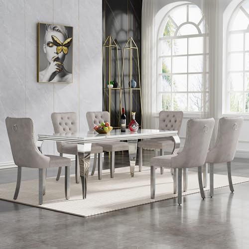 White Marble Dining Table Set for 6, Modern Kitchen Dining Room Table Set for 6,Rectangle Faux Marble Dining Table and 6 Grey Velvet Tufted Upholstered Chairs,7 Piece Luxury Silver Dining Table Set