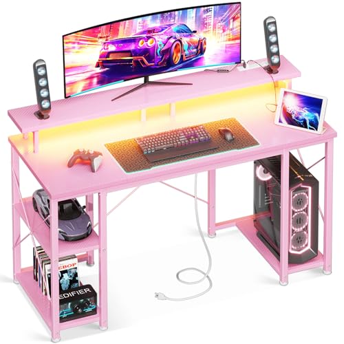 ODK 48 inch Gaming Desk with LED Lights & Power Outlets, Computer Desk with Monitor Stand & Storage Shelves, CPU Stand, Home Office Desk, White