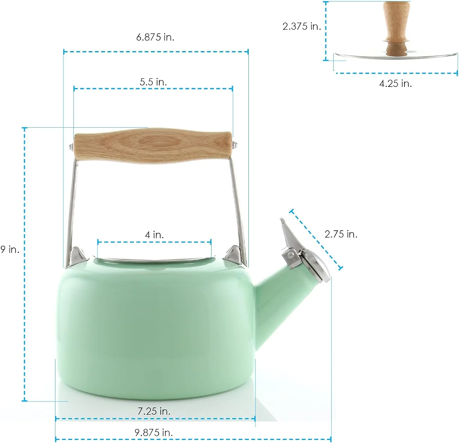SVEN Enamel On Steel Whistling Teakettle With Natural Wood Handle, 1.4 Quarts (Mint Green)