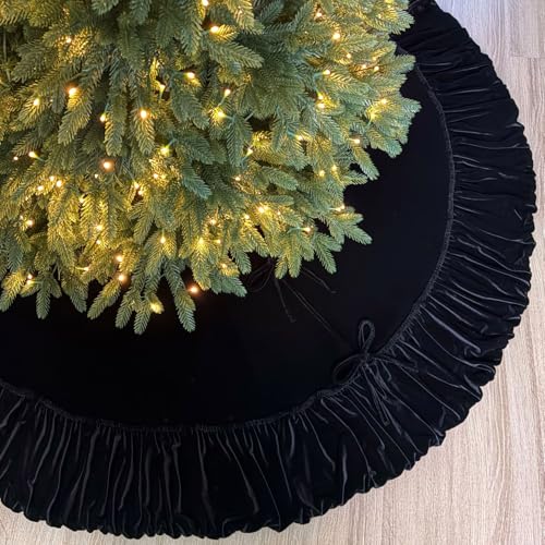 60-Inch Ruffled Velvet Christmas Tree Skirt with Foam Padding, Nylon Backing and Lace-Up Tie Closure, Burgundy