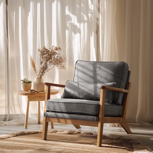 VINGLI Solid Wood Wide Armrests Accent Chair,Upholstered Mid Century Modern Chair with Pillow,Comfy Reading Chair Farmhouse Arm Chair,Chairs Living Room,Bedroom,Guest Room,Linen Fabric,Beige