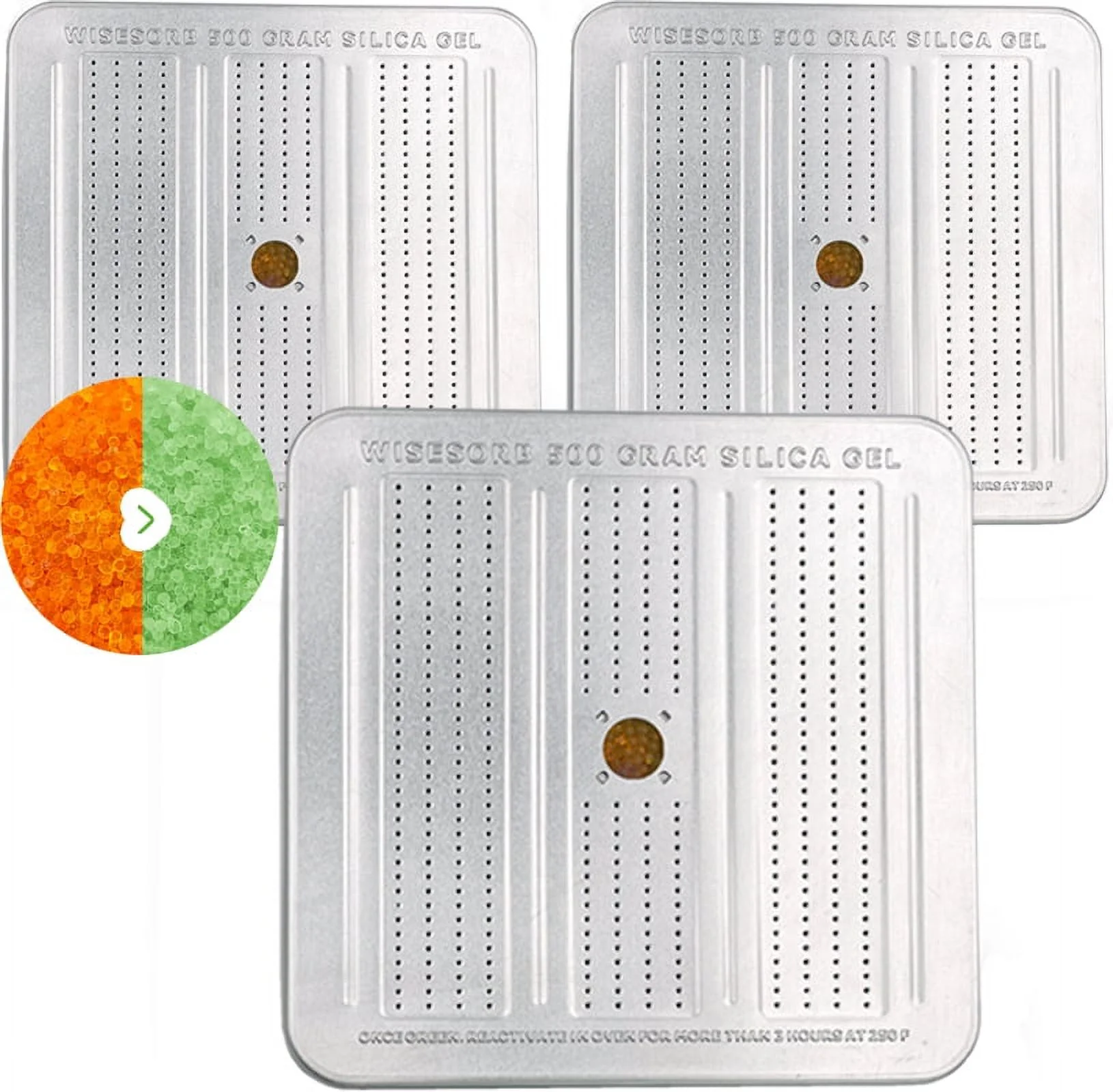 Wisesorb 3 Packs 500 Gram Indicating Desiccant Silica Gel Canister, Rechargable Silica Gel Beads, Desiccant Dehumidifier, Reusable Moisture Absorber for Gun, Closet, Car, Cabinet, Bag Storage