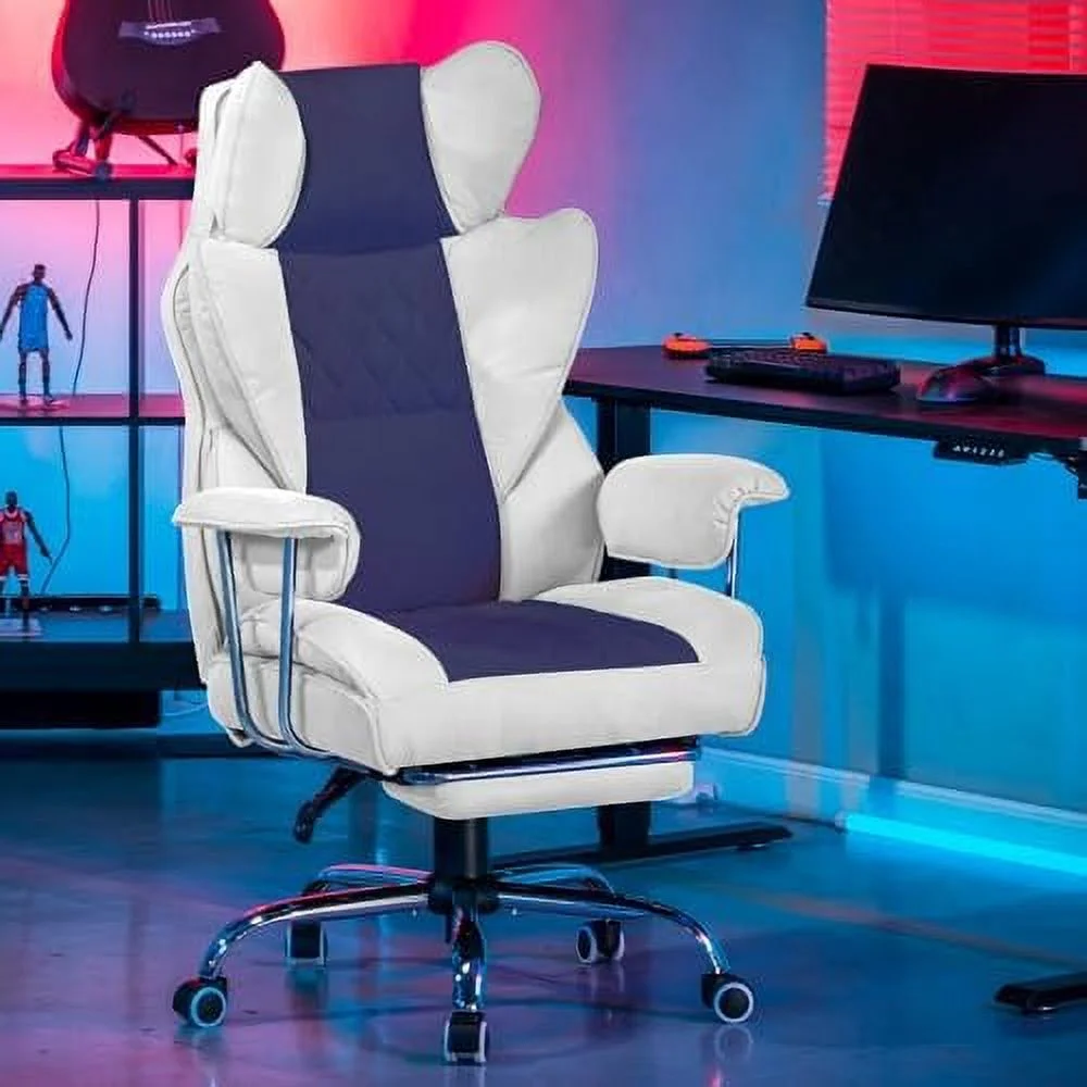RUNFAYBIU Gaming Chair Office Chair with Pocket Spring Lumbar Support  Ergonomic Comfortable Wide Office Desk Computer Chair with Outward Fixed Soft Armrests and Footrest (PU Leather  Bla