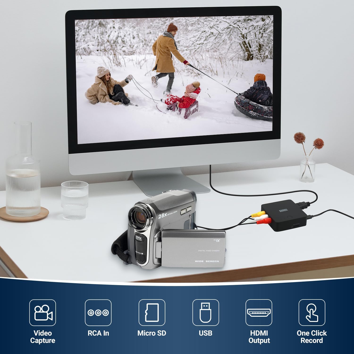 Video Capture Card Without PC - August VGB400 - Transfer Video VHS to Digital Conversion, DVD Player, Camcorder via RCA/SCART - Simple Controls with HDMI Output, Record to Micro SD or USB Max 64GB