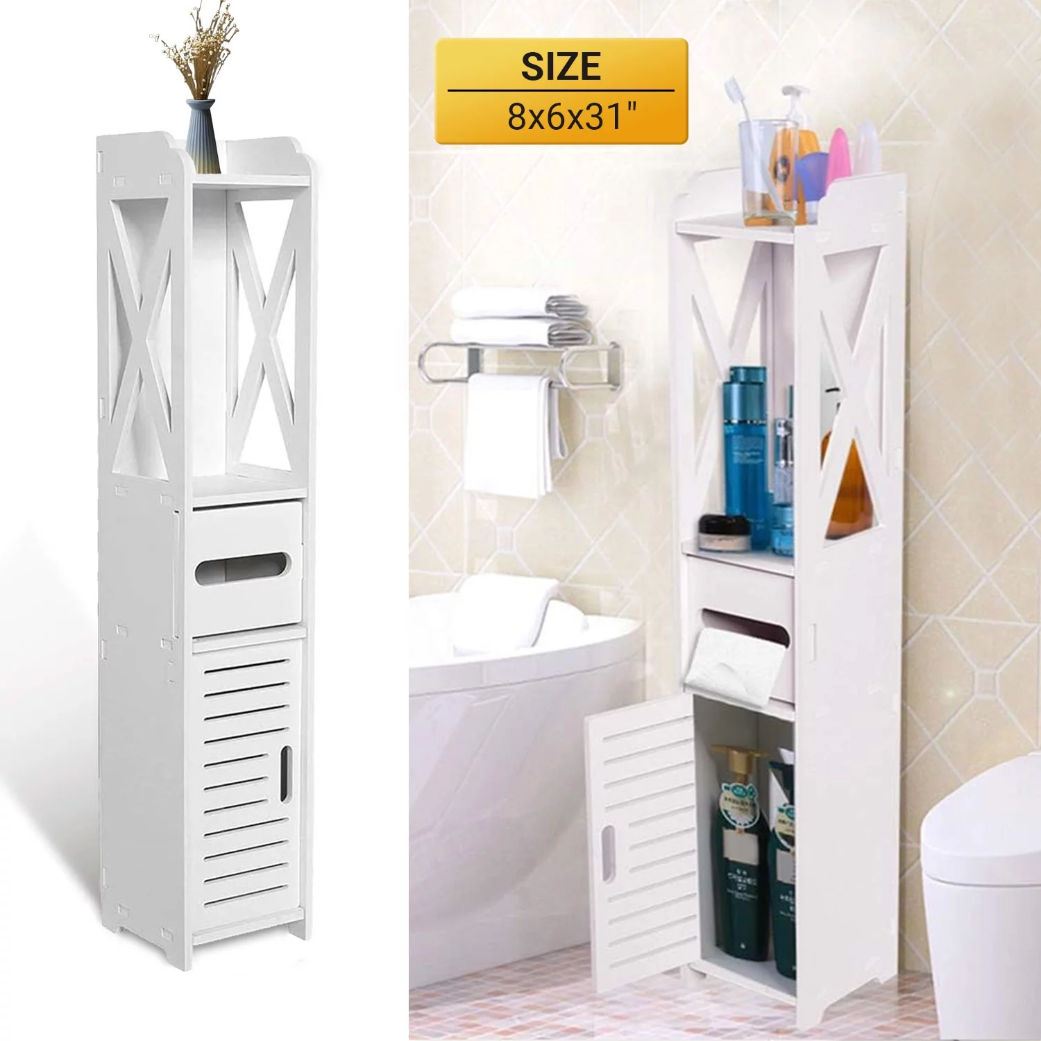 Homeika Bathroom Storage Cabinet Organizer with 1 Doors and 3 Shelves, 4 Tier Design Toilet Paper Storage Stand for Small Space and Corner, L8 x W6 x H31 Inch, White