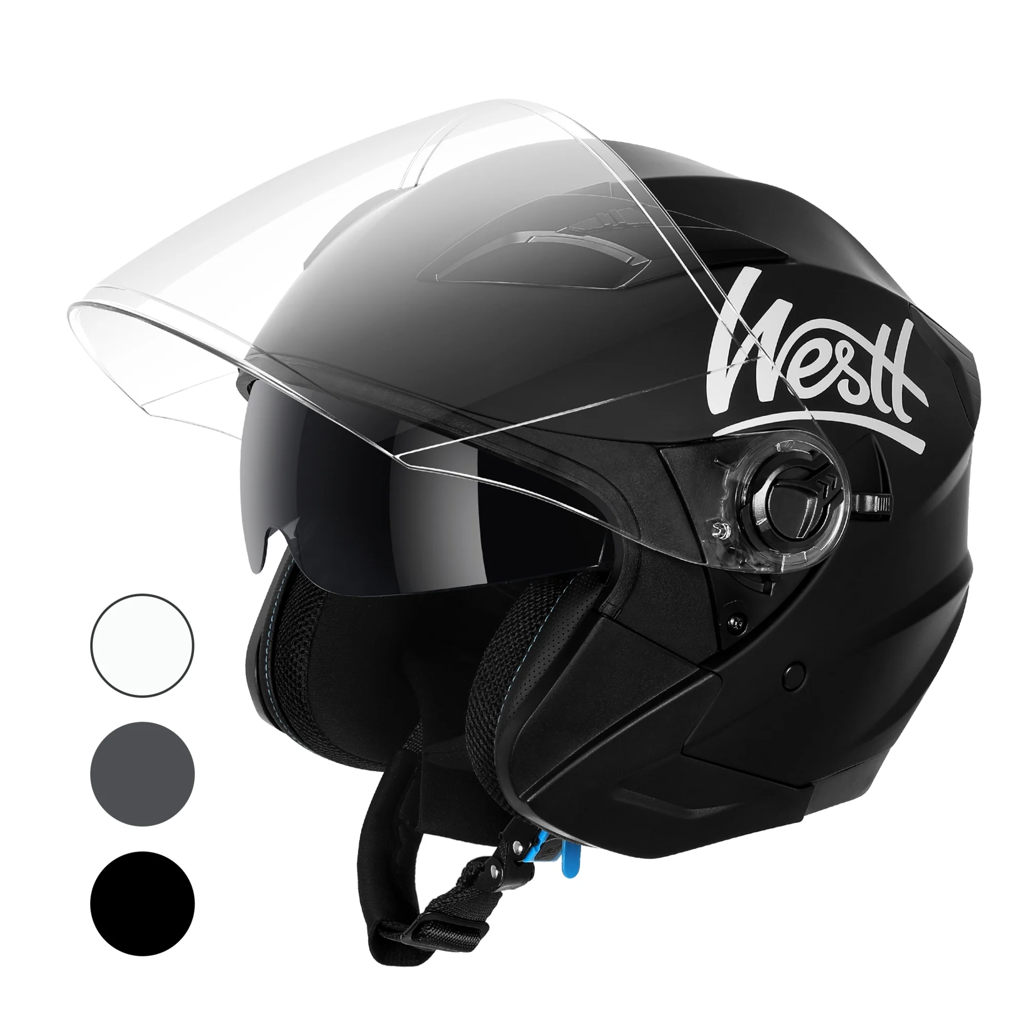 Westt Helmets for Adults– Open Face Helmet with Dual Sun Visor– Motorcycle Helmet for Men and Women DOT Approved Scooter Motorbike Street Jet Series Black S(20.87-21.26 in)