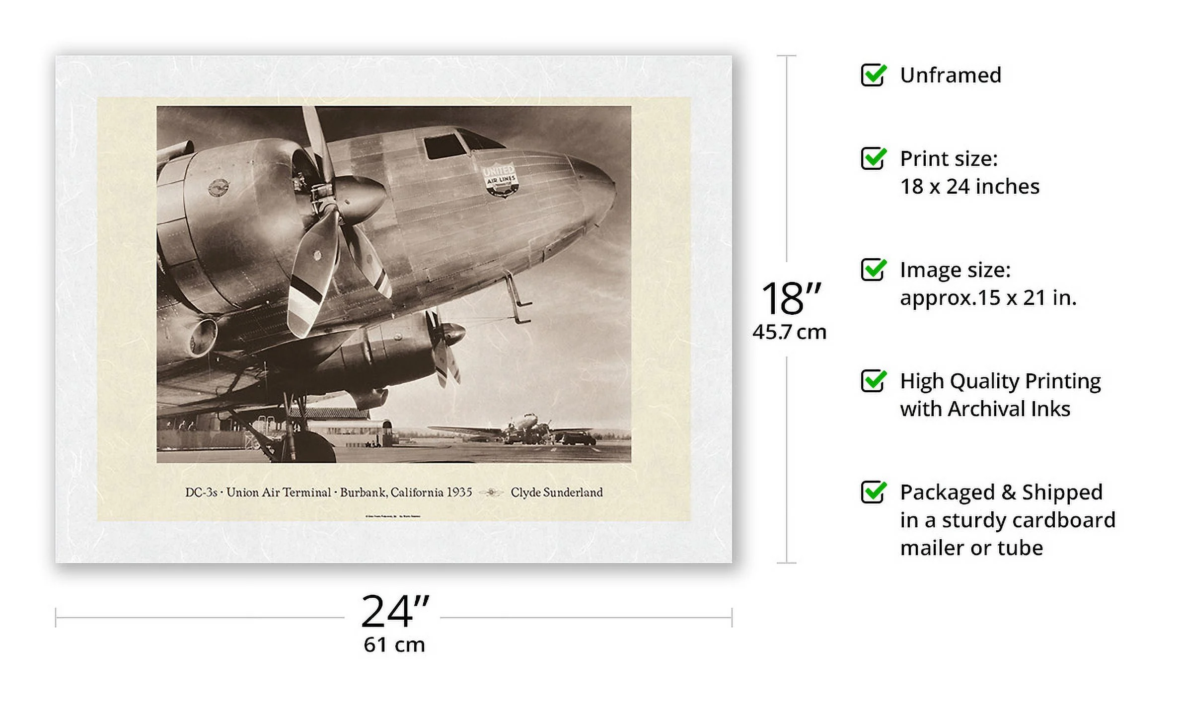 Douglas DC-3's - Union Air Terminal Burbank California 1935 - United Air Lines - Vintage Aviation Poster by Clyde Sunderland - Japanese Unryu Rice Paper Art Print (Unframed) 18 x 24 in