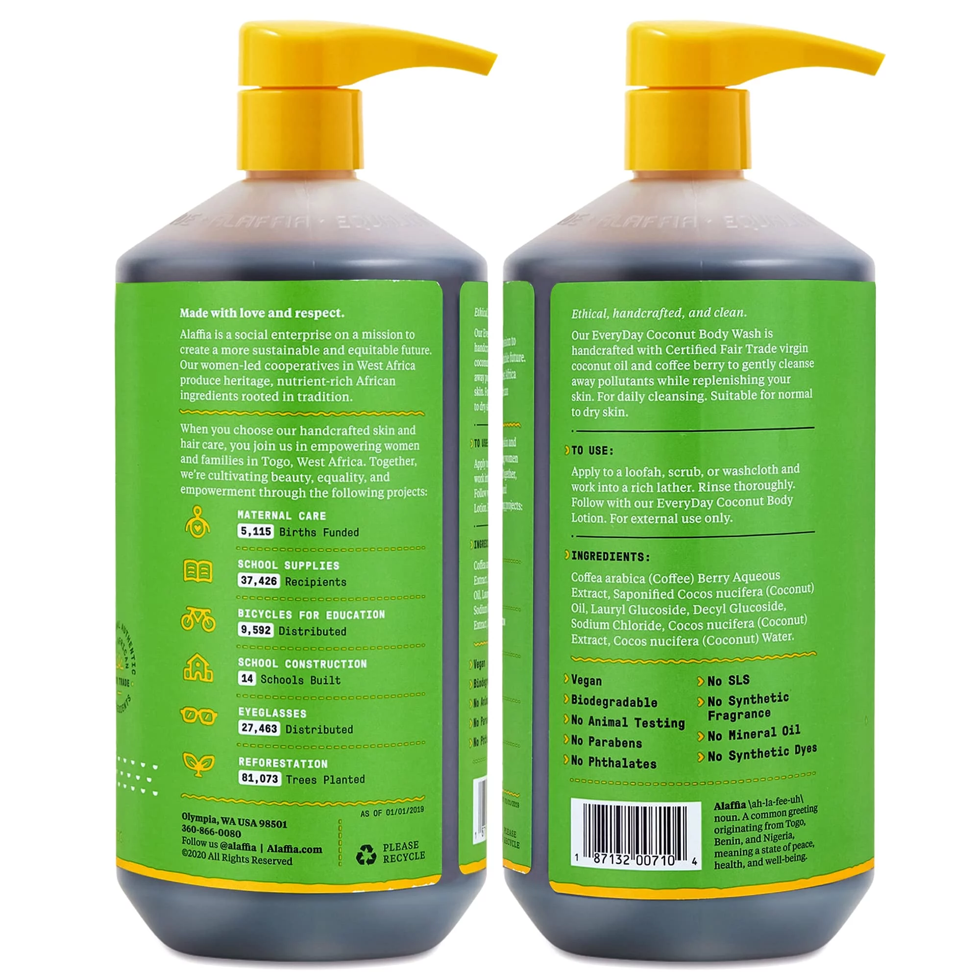 Alaffia Sensitive Skin Body Wash Pack, Everyday Coconut Body Wash For Men & Women, Natural Body Wash With Plant Based Ingredients, Coconut Oil, Coffee, Vitamin E, Purely Coconut (2 Pack-32 Fl Oz Ea).