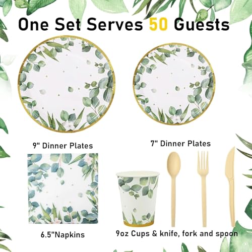 350 Pcs Sage Green Plates and Cups Sets, Disposable Paper Dinnerware for Boho Bridal Shower/Baby Shower Theme Party, Eucalyptus Supplies, Serves 50