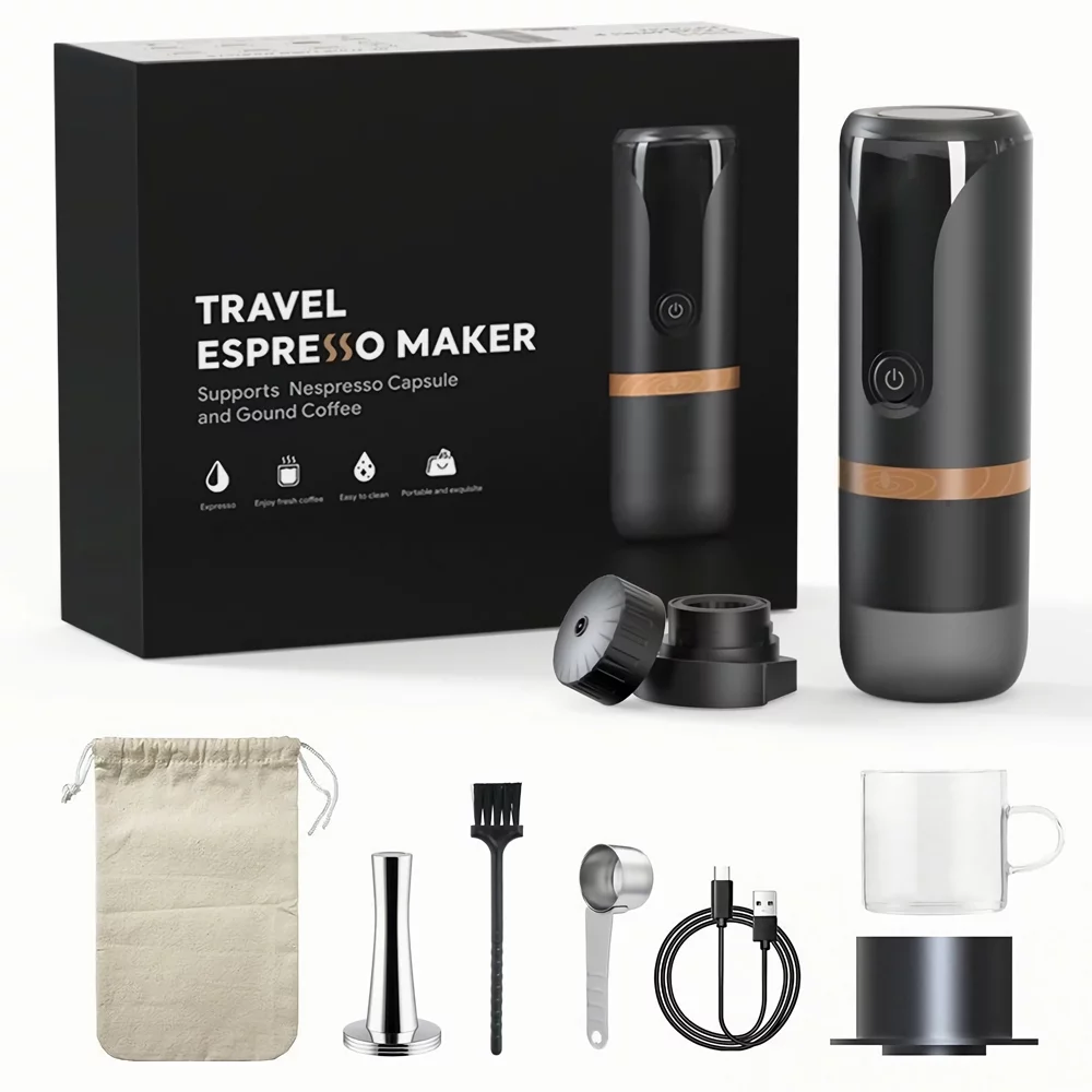 Portable Espresso Machine 9 Bar Pressure Rechargeable 2 in 1 Small Travel Coffee Maker Compatible with Capsules Ground Coffee Perfect for Travel Camping Hiking Office Kitchen Black