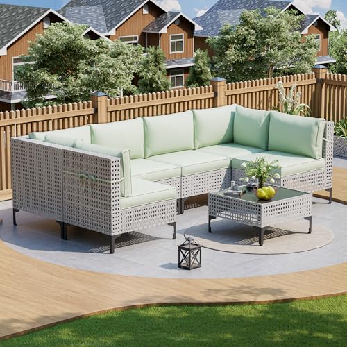 7-Piece Outdoor Patio Furniture Set, All-Weather Rattan Sectional Sofa with Thick Cushions, Modular Conversation Set for Poolside Deck Backyard Porch, Coffee Table (Gray Rattan-Beige Cover)