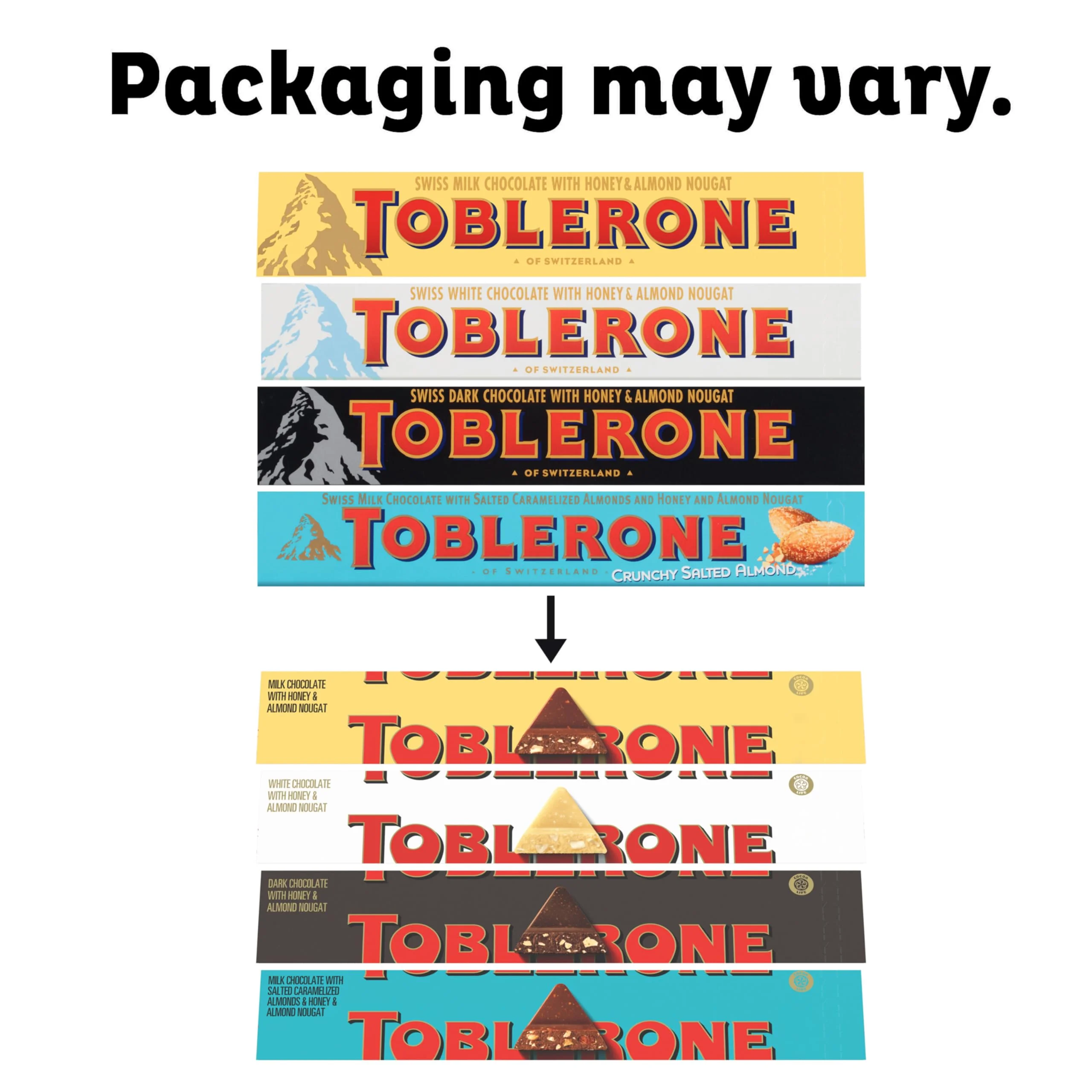 Toblerone Milk Chocolate Bar With Salted Caramelized Almonds And Honey And Almond Nougat, 20 - 3.52 Oz Bars