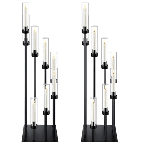Layhit 2 Pack Black Floor Candelabra Centerpieces 42.13 Tall 8 Arms Floor Candle Holder with Acrylic Shade Pillar Metal Black Candelabra Centerpieces for Wedding Dinner Ceremony Party Decoration