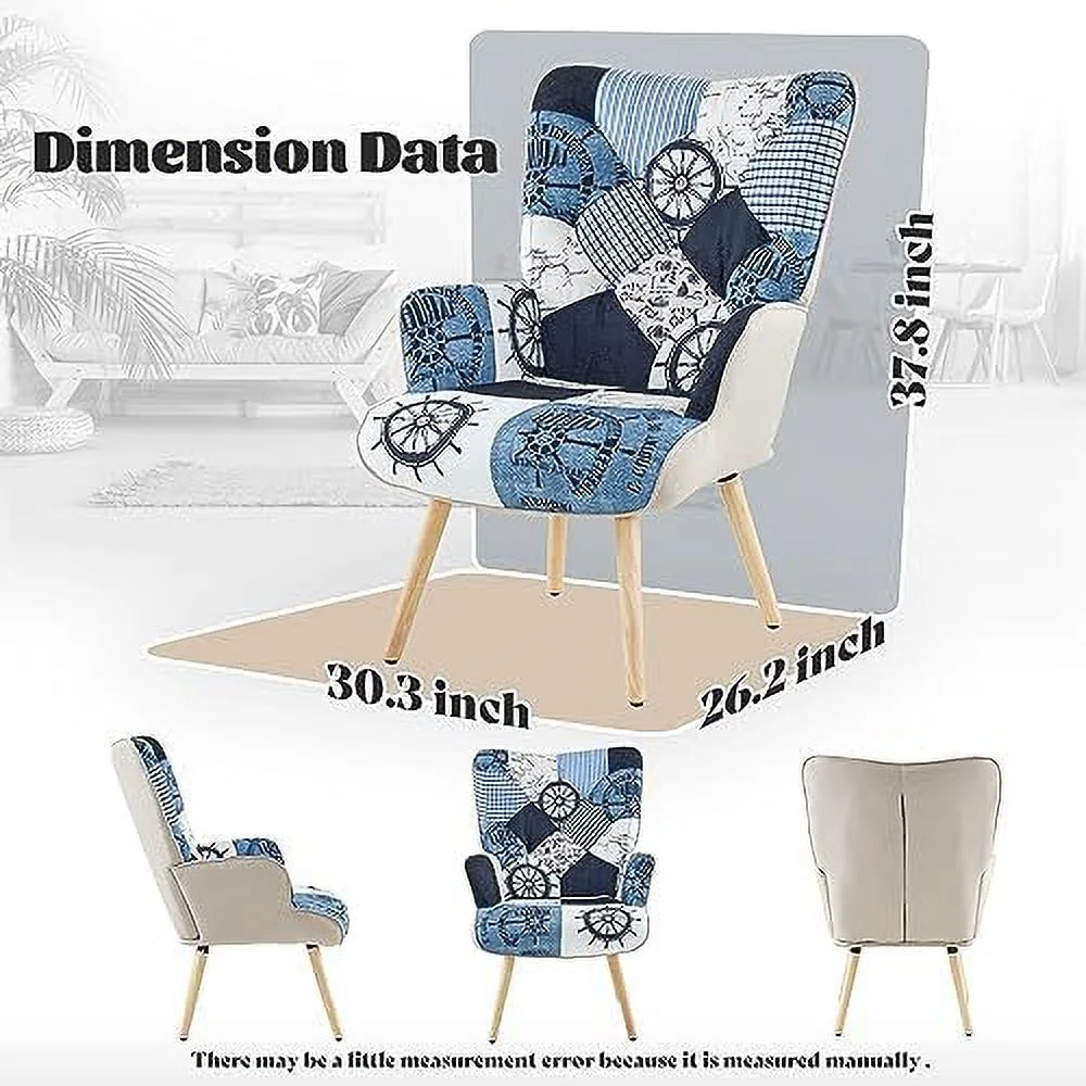 NLIBOOMLife Living Room Accent Chair with High Backrest Wooden Base Upholstered Armchair for Small Spaces Morden Cozy Chair for Bedroom Grey Plaid Bohemian Style for Bedroom Waiting Room