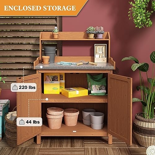 Outdoor Potting Bench with Storage, Wooden Garden Potting Table with Metal Tabletop and Removable Shelf, Potting Work Bench Station for Garden, Patio, Backyard