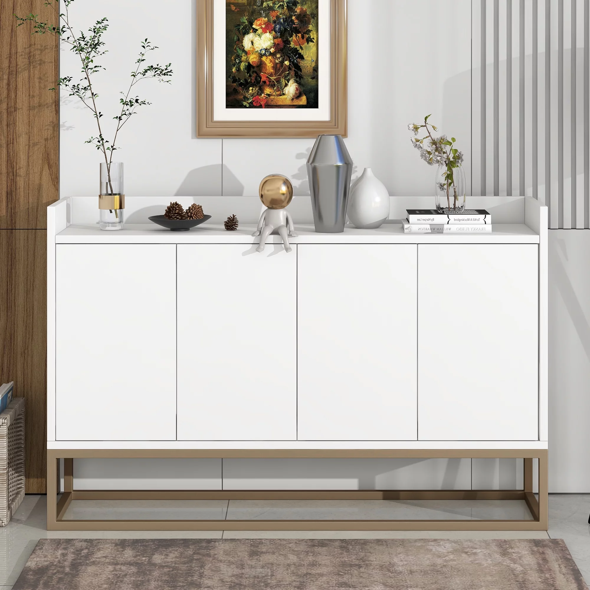 Momspeace Modern Sideboard with Large Storage Space and Rebound Device Doors for Dining Room - White