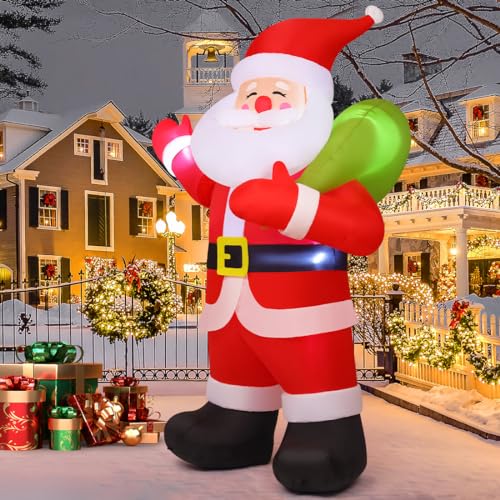 COMIN 9 FT Animated Christmas Decorations Santa Inflatables, Outdoor Christmas Santa Claus Carry Gift Bag&Shaking Hand Blow Up Yard Built-in LEDs for Indoor Xmas Party Garden Lawn Decor