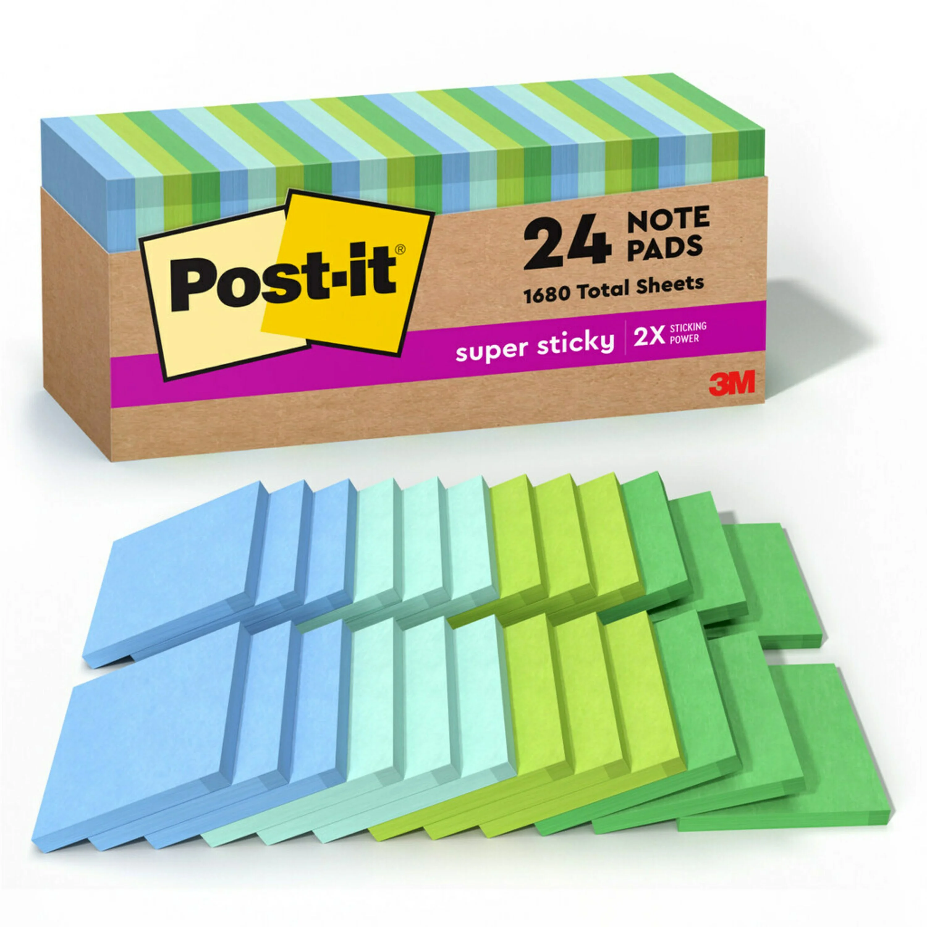 Post-it Recycled Super Sticky Notes, 3 in x 3 in, Oasis Collection, 24 Pads