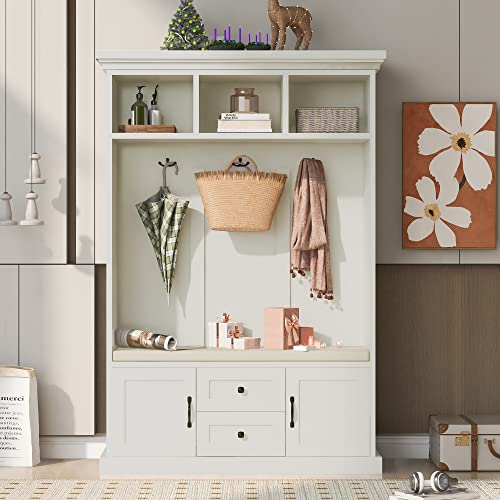47'' Widen Hall Tree Coat Hanger with 3 Hooks and Storage Bench, Beige 3-in-1 Design Wood Entryway Coat Rack with Open Storage Shelves and Shoe Bench for Entrance Hallway Beige(White-47)