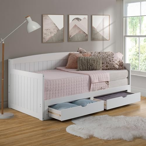Alaterre Furniture Harmony Wood Daybed, Single, White Brazilian Pine Trundle Bed for Sleepovers with Kids, 2 Pull-Out Drawers, 440 lbs Weight Capacity, Twin-Size Bed, Modern, Sturdy, Durable