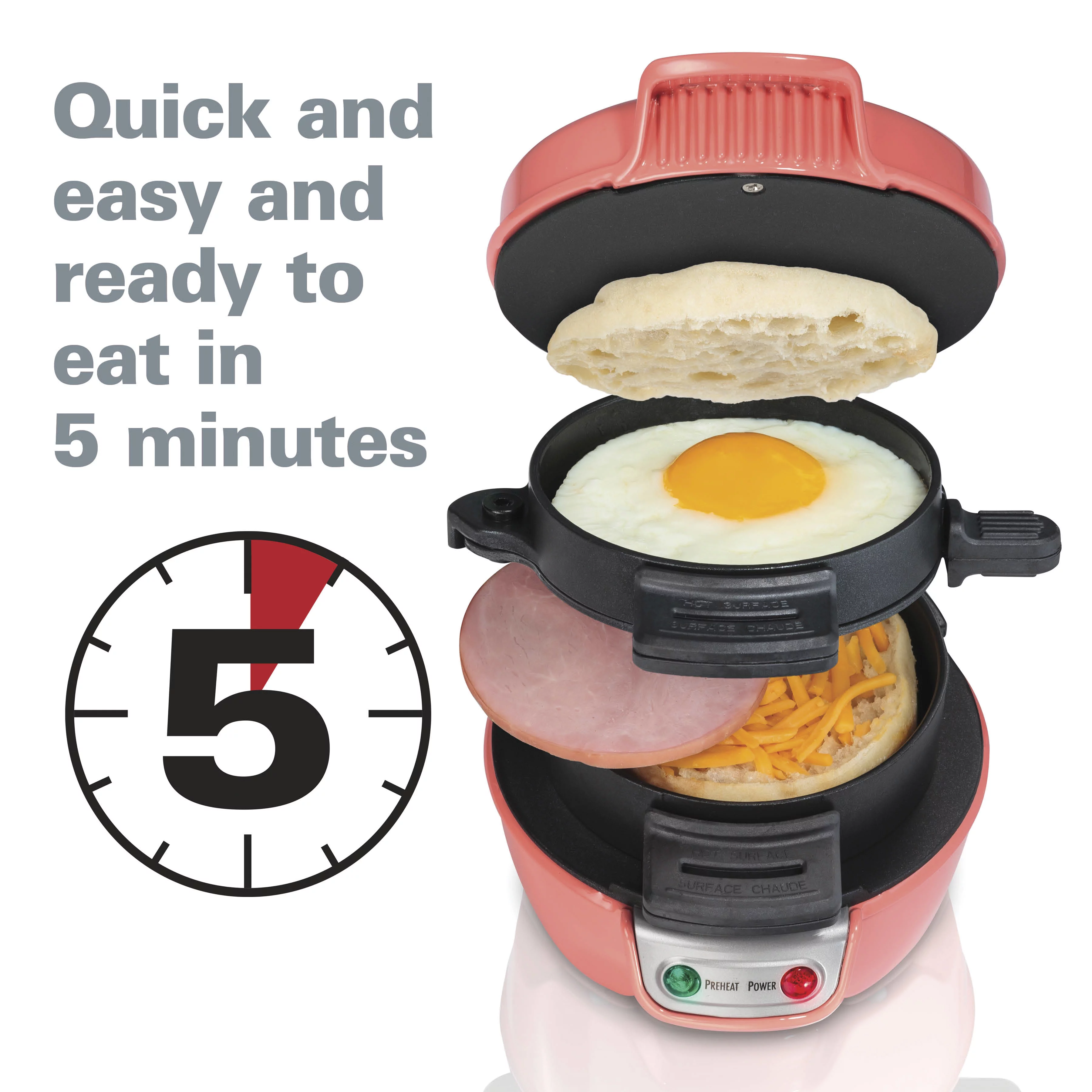 Hamilton Beach Breakfast Sandwich Maker with Egg Cooker Ring, Customize Ingredients, Coral, 25483