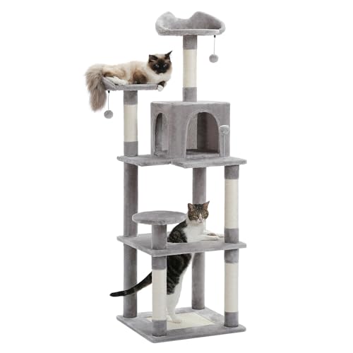 63'' Cat Tree Tower with Condo, Perch, Scratching Post, Dangling Ball, Multi-Level Cat Climbing Furniture, Cat Activity Center Playground for Indoor,Grey