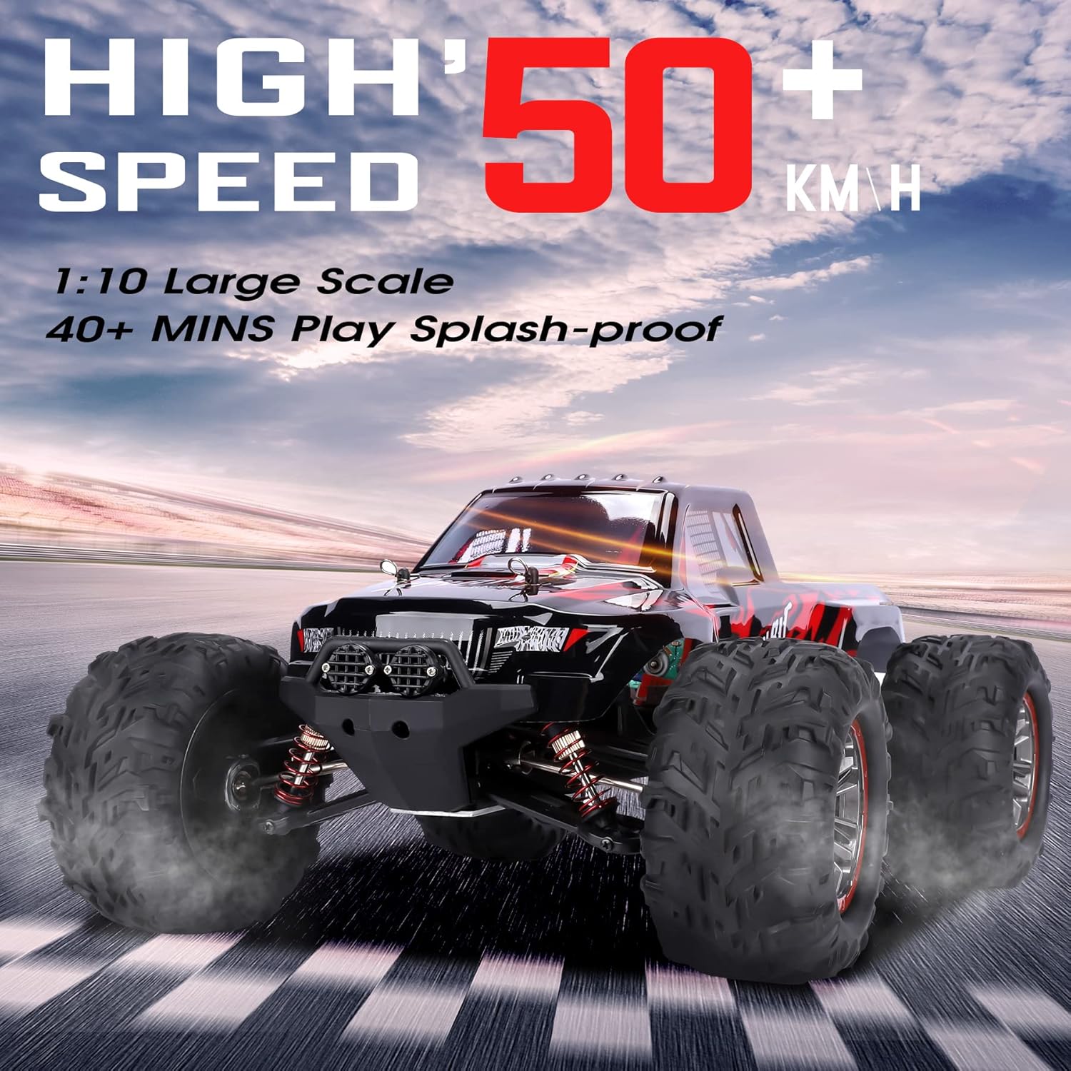 RC Cars 1:10 Large Scale Hobby Grade Remote Control Car,50 KM/H High Speed Monster RC Truck,4WD 2.4GHz Off Road Waterproof All Terrains Racing Toy,2 Batteries for 40 Min Play for Adult Kids