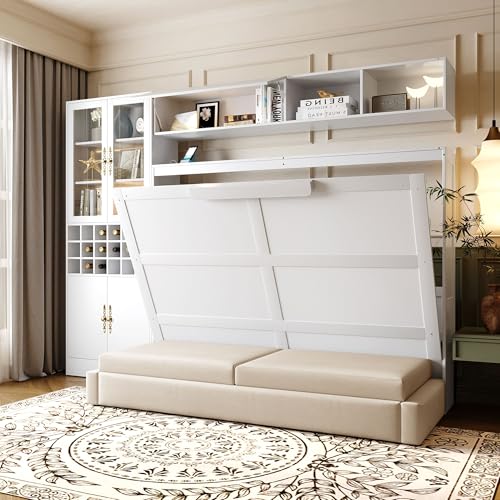 P PURLOVE Queen Murphy Bed with Sofa and Shelves, Wooden Wall Bed with USB and Light, No Box Spring Needed (White)