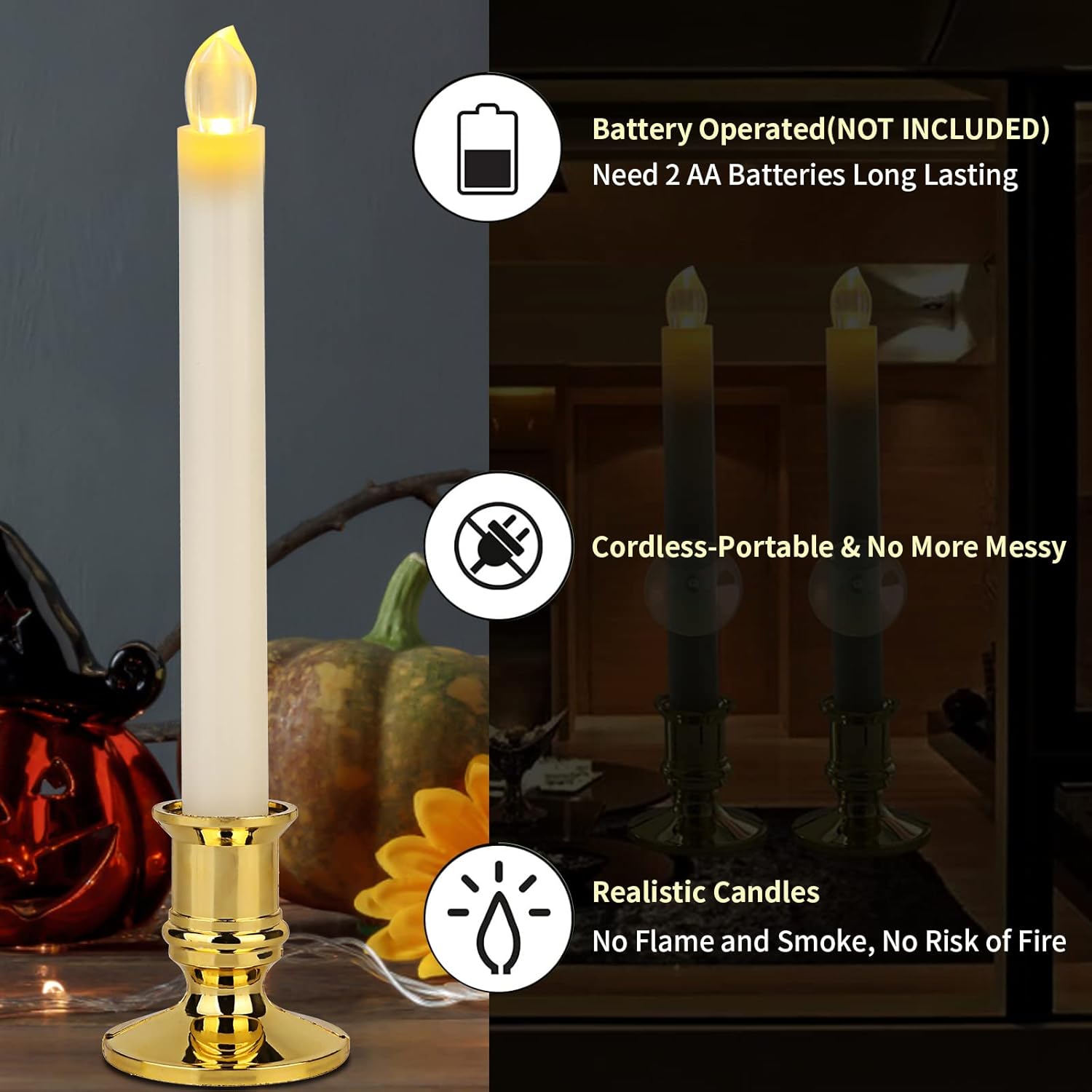 Flameless Candles 3D Wick Battery Operated Led Light Ivory Taper Flickering Window Candles with 10-Key Remote, Gold Candle Holders,for Christmas Home Wedding Decor 12PACK