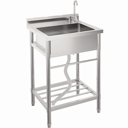 39 Inch Free Standing Sink, Single Bowl Stainless Steel Utility Sink with Cold/Hot Water Pipe, Storage Rack, Faucet and Adjustable Legs, for Laundry Room, Kitchen, Garage, Outdoor Use, NSF