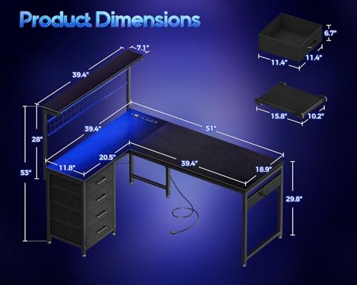 MOTPK L Shaped Gaming Desk with Shelf & 4 Drawers, 43