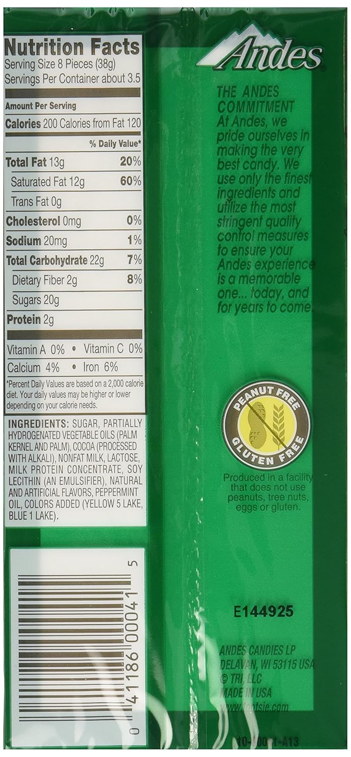 Andes Creme De Menthe Thin Mints - After Dinner Mints - Rectangular Chocolate Sandwich Mint Candies – 4.67 Oz, 28 Count