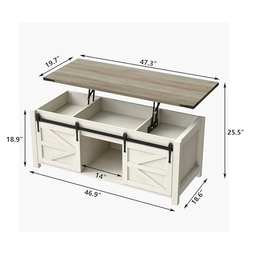 47.3''Lift Top Coffee Table, Farmhouse Center Table with Large Storage & Sliding Barn Doors, Modern Rectangular White Cocktail Table for Living Room, Grey Top