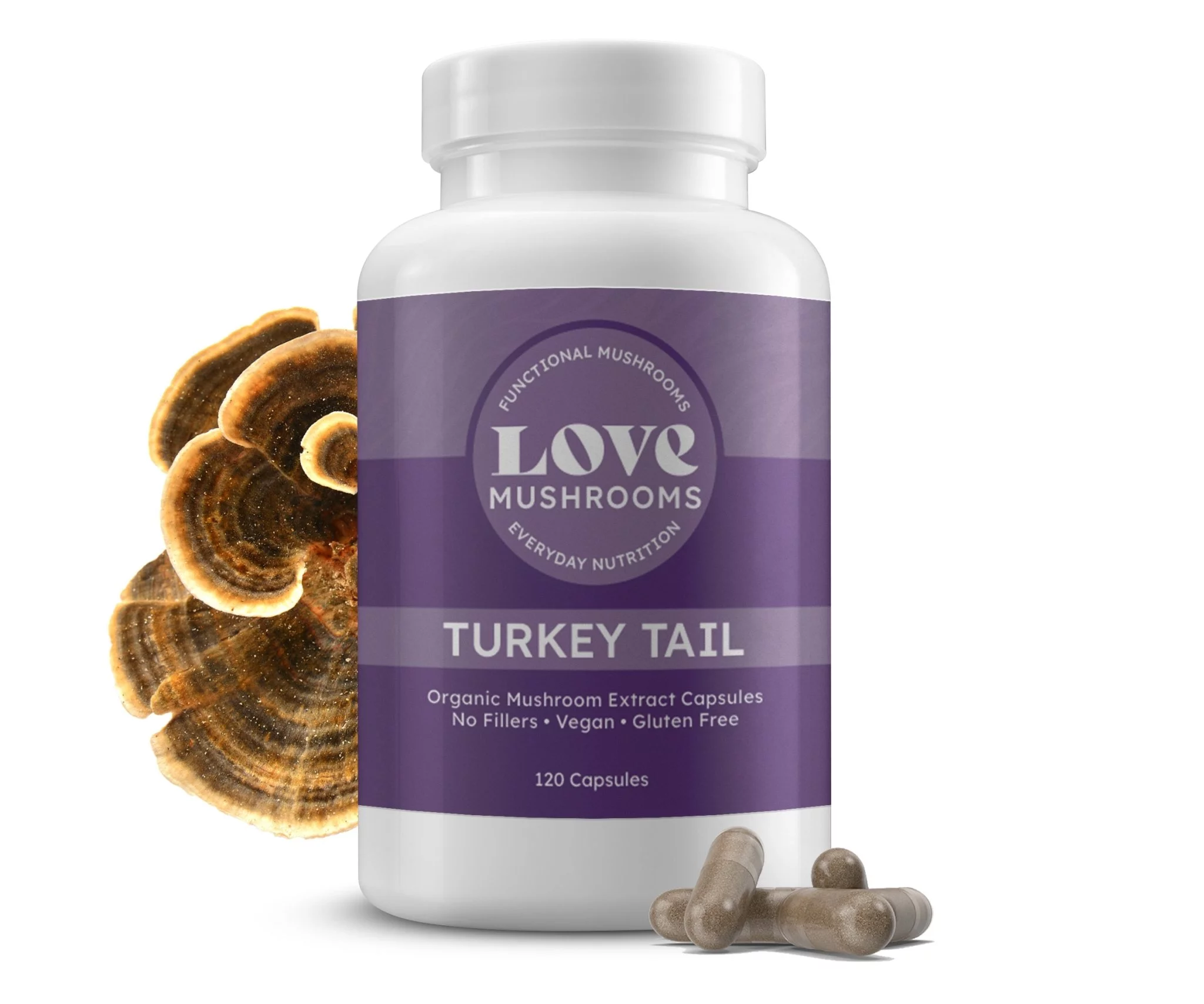 Love Mushrooms Turkey Tail Mushroom Extract Capsules (30% Beta-glucan), Organic, 120 Count (2 Month Supply)