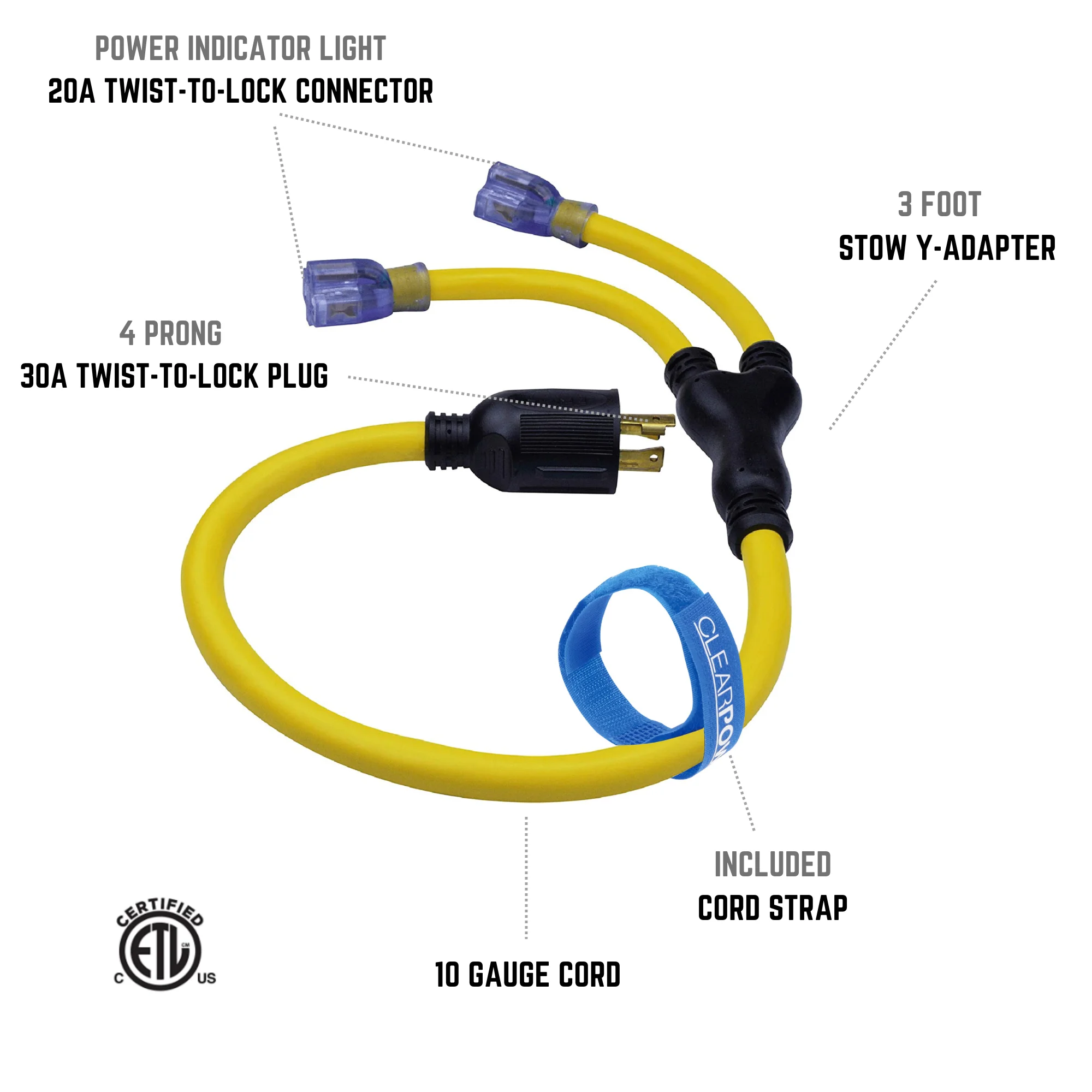 Clear Power 10/4 STOW 3 ft “Y” Power Adapter Extension Cord, Ideal for Generators & Inverters, Yellow, CP10139
