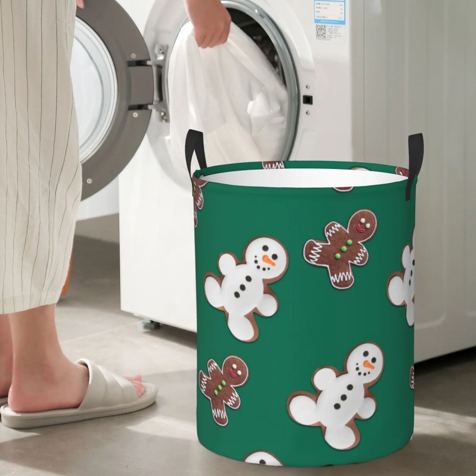 Fotbe Laundry Hamper With Durable Leather Laundry Basket Gingerbread Snowman Cookies Thickened Waterproof Round Collapsible Laundry Hamper, Dirty Clothes Laundry Basket